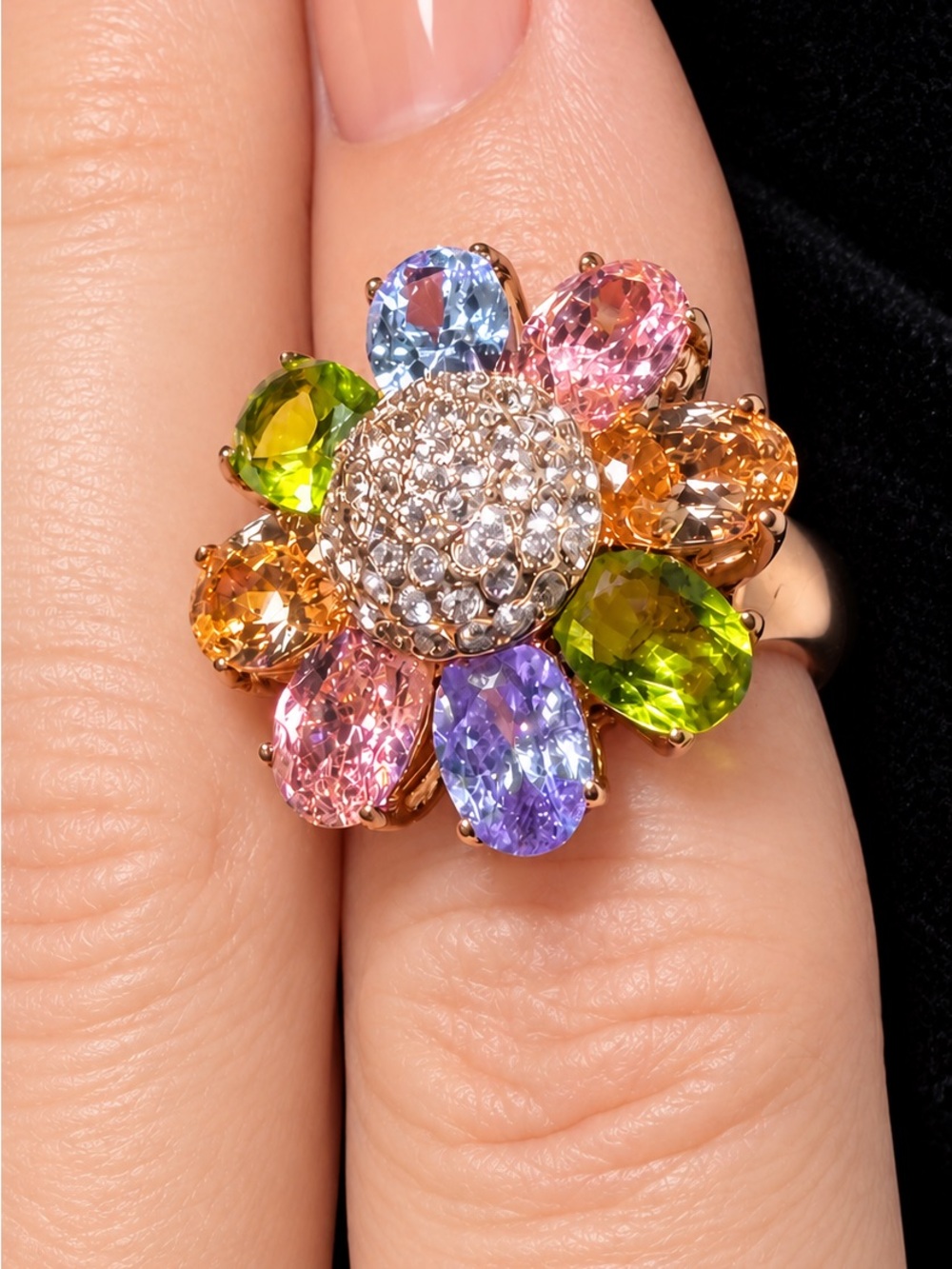 Rose Gold Floral Cluster Ring with Pink, Green & Purple Stones Size 5